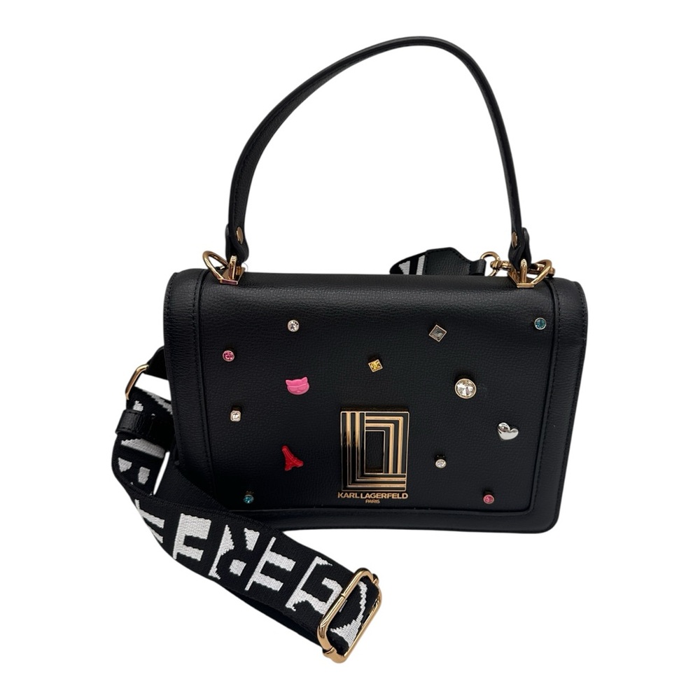 Karl Lagerfeld Simone Black Leather Crossbody Satchel Bag Jewel Embellishments